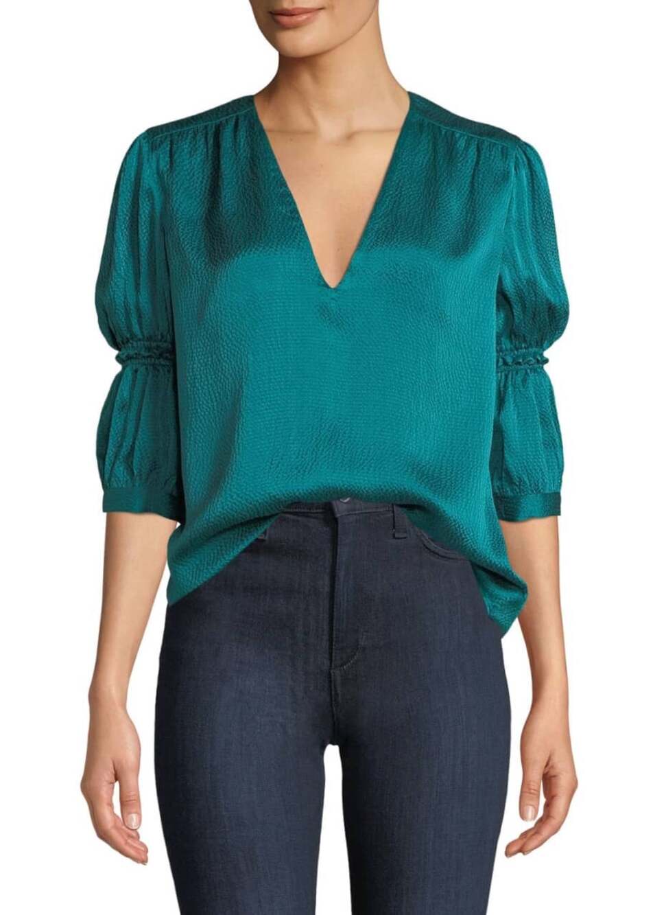 Rebecca Taylor Teal Blue Satin Silk V-Neck Cinched-Sleeve Top Size 2